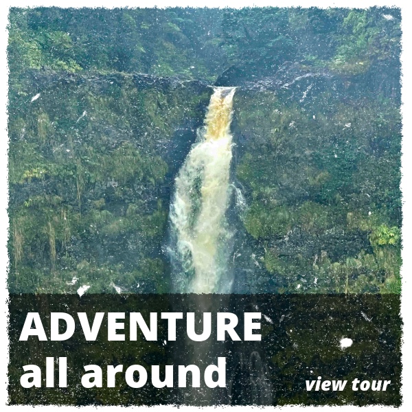 Waterfall in lush rainforest on Big Island Hawaii volcano and waterfall tour